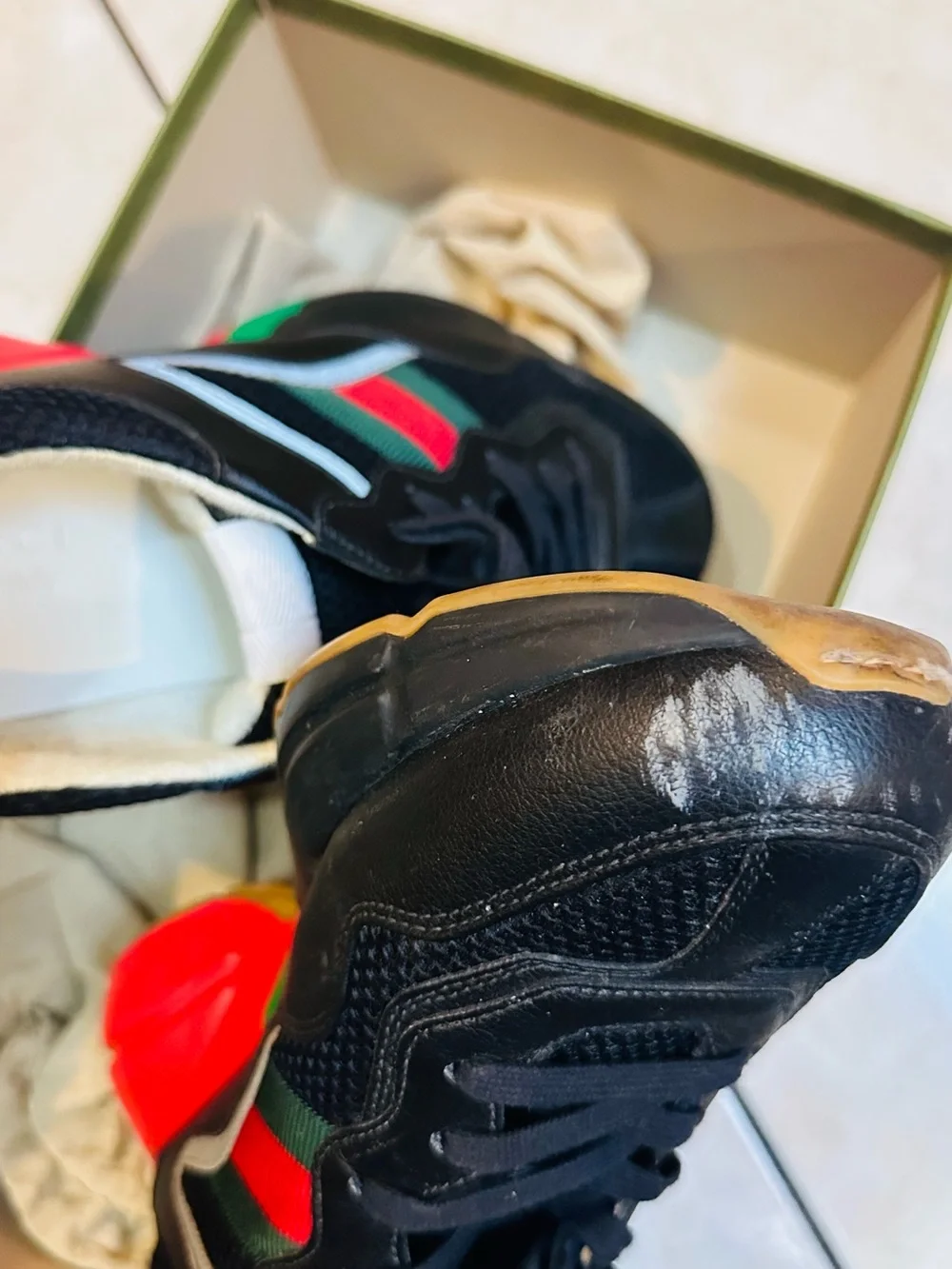 Gucci Black Sneakers with Red & Green Stripe and Red Soles